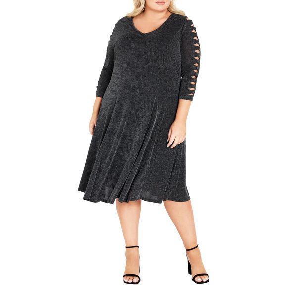 Avenue Dresses & Skirts - AVENUE Womens Plus Pullover Glam Sleeve V Neck Dress Black Silver Size 20W NWT